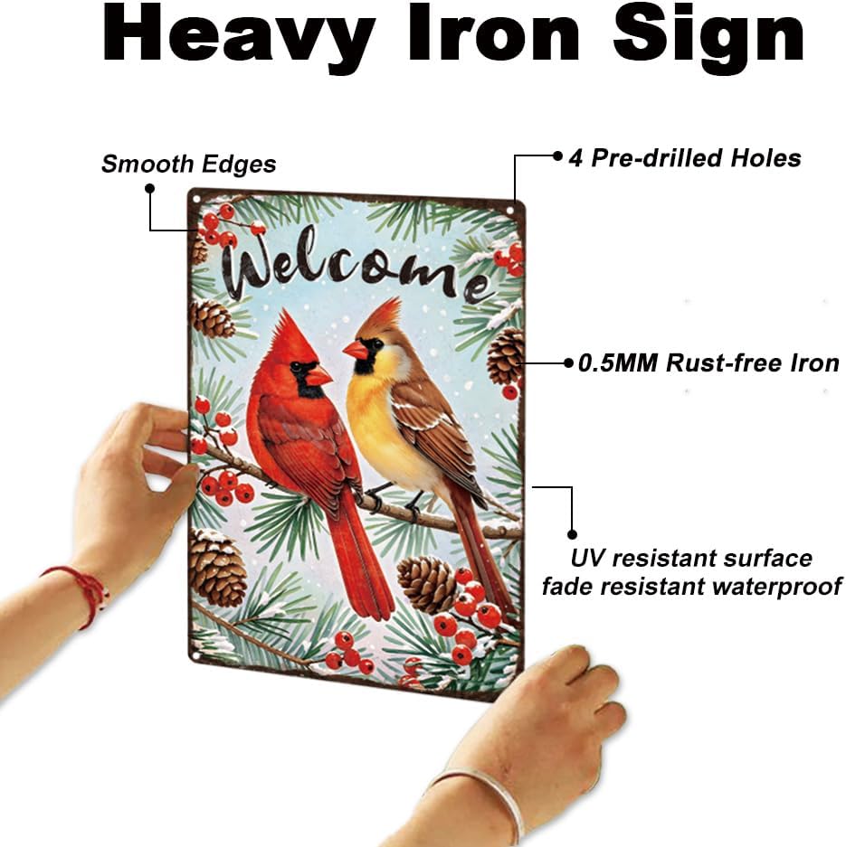 Cardinal Birds Pine Tin Sign Metal Wall Decor 8" x 12" Vintage Welcome Winter Christmas Wall Art Poster for Home Cafes Outdoor Yard Living Room Man Cave Decor Gift