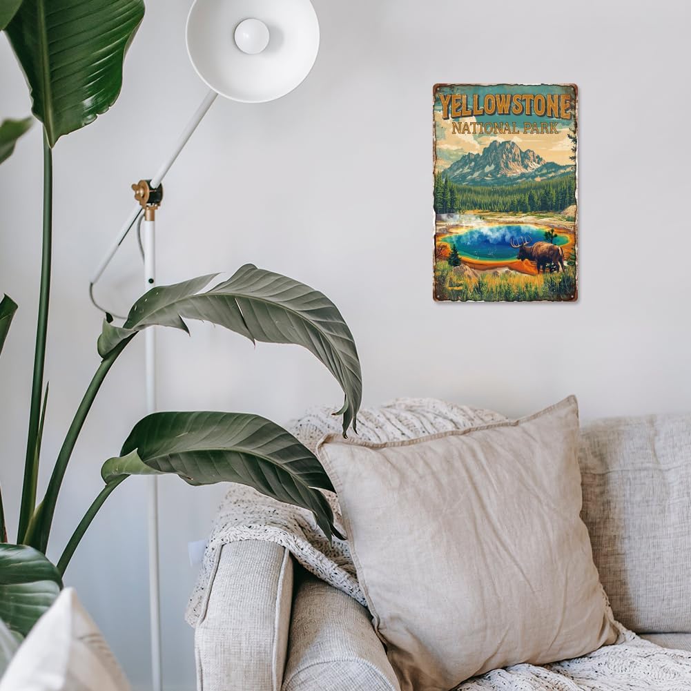 Yellowstone National Park Wall Art Decor Sign, Vintage Metal Tin Poster for Home Room Wall Decor Gift 8 x 12 Inch