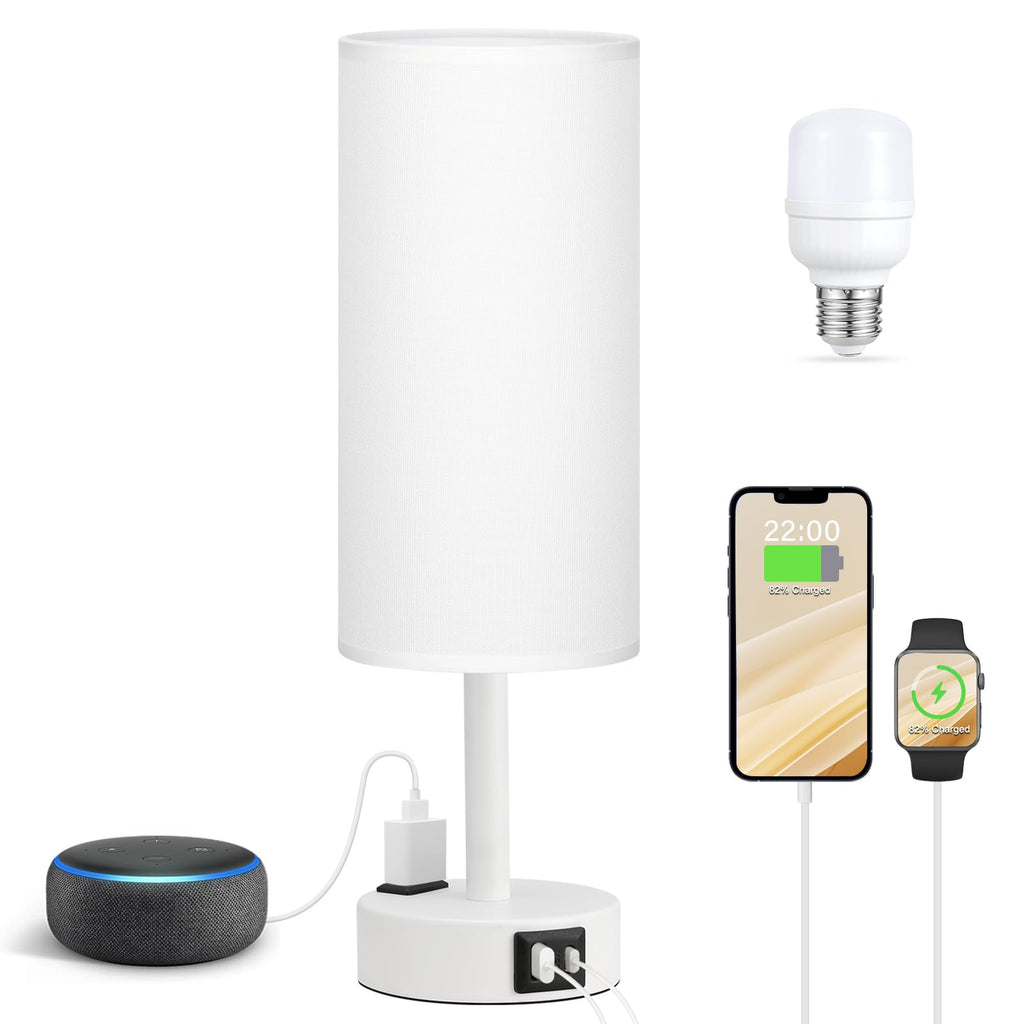 Fenmzee Bedside Table Lamp for Bedroom - 3 Way Dimmable Touch Lamp USB C Charging Ports and AC Outlet, Small Lamp Wood Base Round Flaxen Fabric Shade for Living Room, Desk, LED Bulb Included