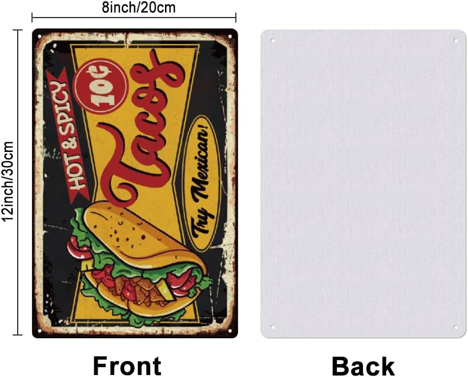 SUPERDANT Tacos Tin Signs Hot and Spicy Mexican Cuisine Metal Sign Poster Fast Food Vintage Wall Art Plaque Food Trucks Wall Decor for Mexican Restaurants Kitchen Bars Man Cave Garage Decoration Gift