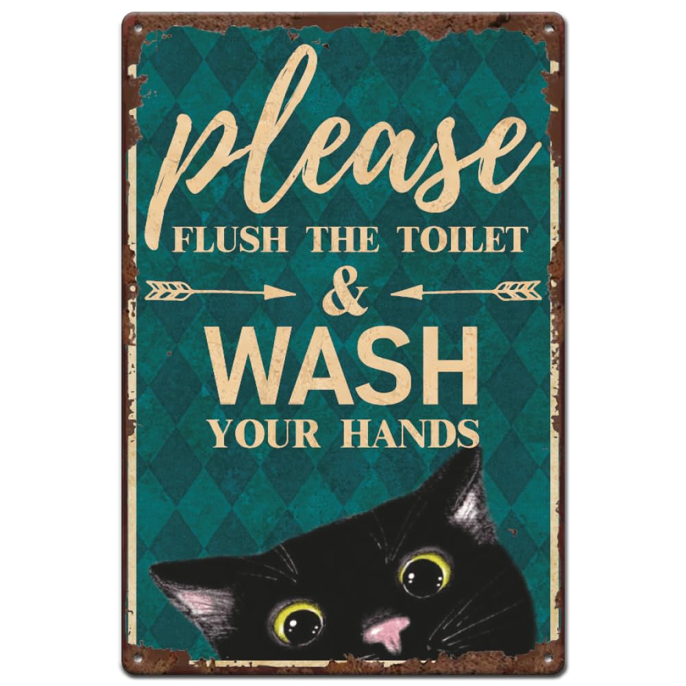 SUPERDANT Cat Toilet Metal Tin Sign Flush the Toilet Metal Signs Wash Your Hand Bathroom Plaque Iron Wall Art Poster Old Fashion Aluminum Sign for Home Bathroom Toilet Decor