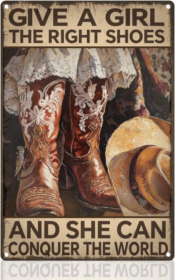 Western Cowgirl Retro Wall Decor Metal Tin Sign 8" x 12" Cowgirl Shoes Vintage Wall Art Poster for Home Coffee Room Clubs Bathroom Decor Gift