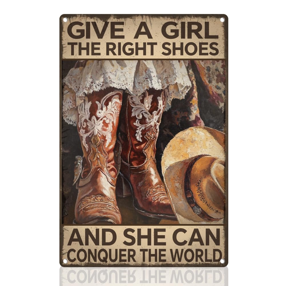 Western Cowgirl Retro Wall Decor Metal Tin Sign 8" x 12" Cowgirl Shoes Vintage Wall Art Poster for Home Coffee Room Clubs Bathroom Decor Gift