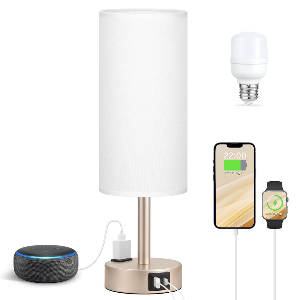 Fenmzee Bedside Table Lamp for Bedroom - 3 Way Dimmable Touch Lamp USB C Charging Ports and AC Outlet, Small Lamp Wood Base Round Flaxen Fabric Shade for Living Room, Desk, LED Bulb Included