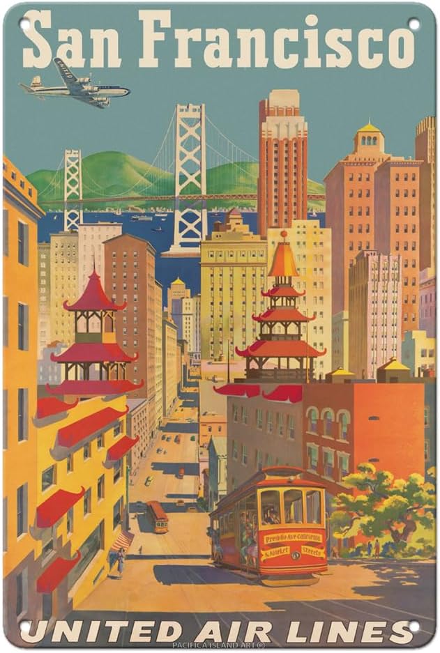 Pacifica Island Art San Francisco California - Cable Car in Chinatown - United Air Lines - Vintage Airline Travel Poster by Joseph Fehér c.1950s - 8 x 12 inch Vintage Metal Tin Sign