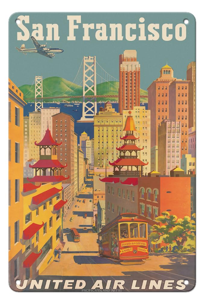 Pacifica Island Art San Francisco California - Cable Car in Chinatown - United Air Lines - Vintage Airline Travel Poster by Joseph Fehér c.1950s - 8 x 12 inch Vintage Metal Tin Sign