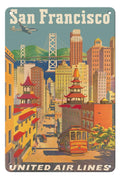 Pacifica Island Art San Francisco California - Cable Car in Chinatown - United Air Lines - Vintage Airline Travel Poster by Joseph Fehér c.1950s - 8 x 12 inch Vintage Metal Tin Sign