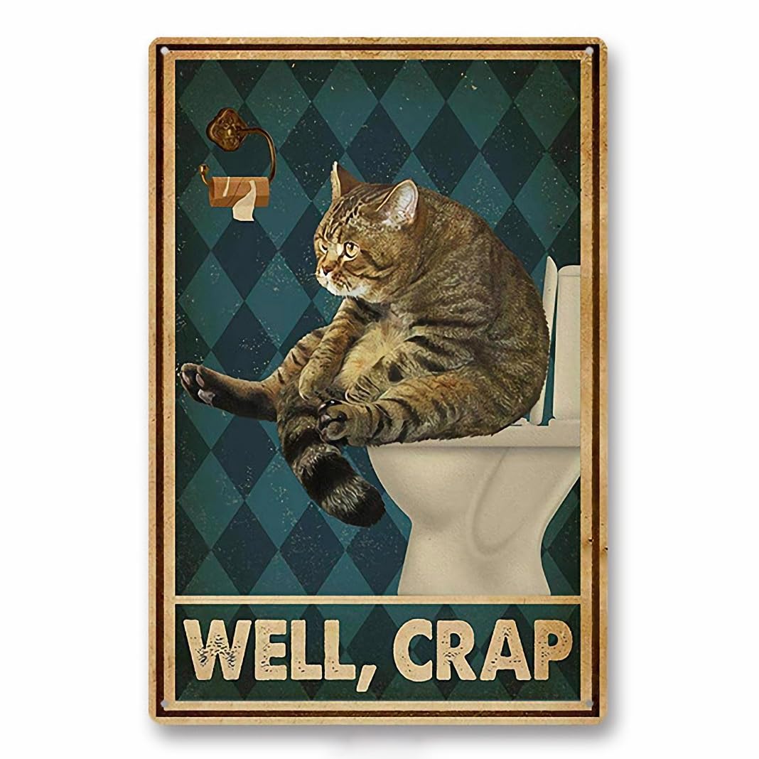 Funny Bathroom Sign Vintage Cat Tin Signs for Wall Decor 8" x 12" Funny Bathroom Signs Restroom Toilet Decor Metal Wall Plaque Poster (Welcome)