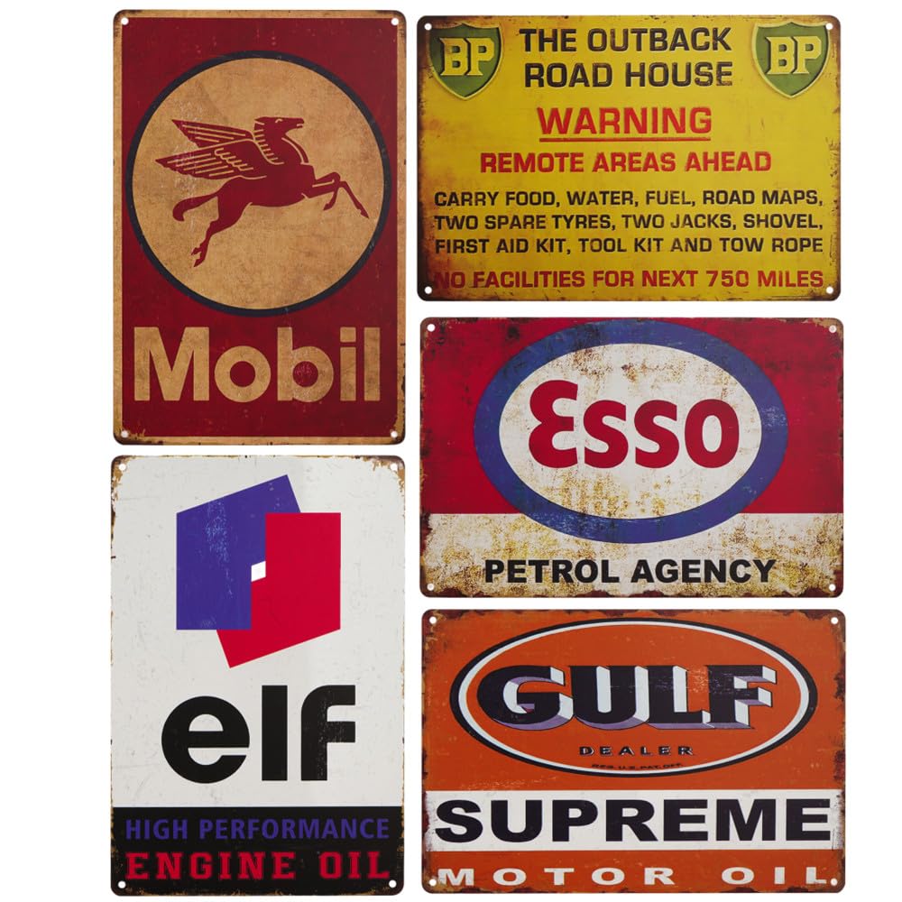 Vintage Tin Signs, Set of 5, Motor Oil and Automotive Advertisements, Metal, 8 x 12 Inches (Yellow)