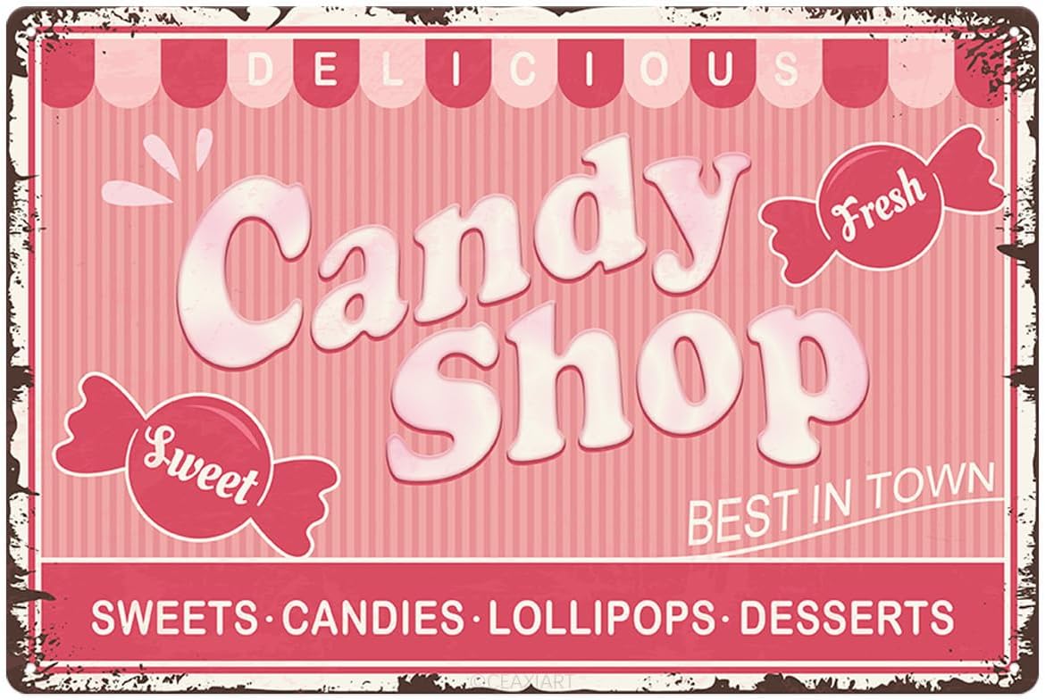 Candy Shop Tin Signs Sweets Candies Lollipops Desserts Store Vintage Poster Metal Sign Art Wall Decor for Home Kitchen Bar Cafe Retro Pink Hanging Plaque 8X12 Inch