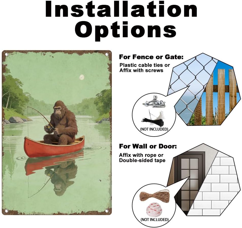 Sasquatch Fishing in Canoe Tin Sign Retro Metal Wall Decor 8" x 12" Vintage Fishing Sasquatch Wall Art Poster for Home Room Cafes Bar Pub Outdoor Bathroom Garage Man Cave Decor Gift