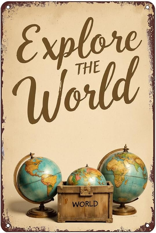 Explore the World Travel Quote Tin Sign - Tin Metal 12x8 Inch Vintage Rustic Globe Map Wall Art for Office, Study Room, Classroom, Gift for Travelers
