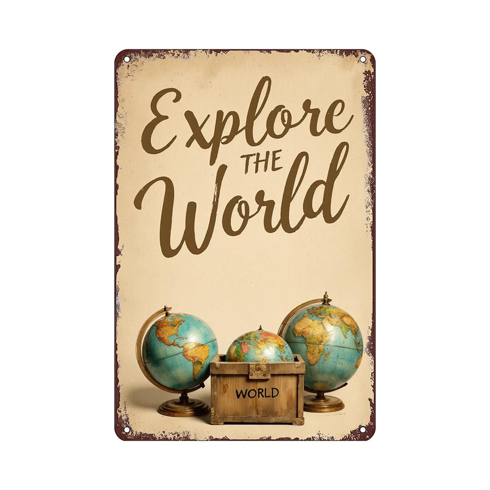 Explore the World Travel Quote Tin Sign - Tin Metal 12x8 Inch Vintage Rustic Globe Map Wall Art for Office, Study Room, Classroom, Gift for Travelers