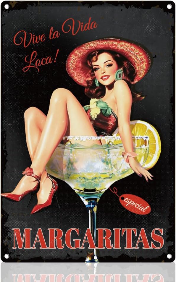Pin Up Woman Cocktail Retro Wall Decor Metal Tin Sign 8" x 12" Sexy Woman Sitting Inside A Margarita Vintage Wall Art Poster for Man Cave Home Coffee Room Bathroom Bar Decor Gift