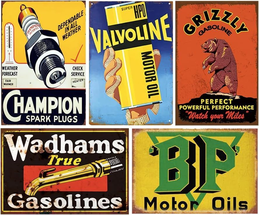 Reproduced Vintage Tin Sign Pack, Gas Oil Retro Advert Antique Metal Signs for Garage Man Cave Bar Kitchen, Nostalgic Car Decor, 8x12 Inch (24 pieces B)
