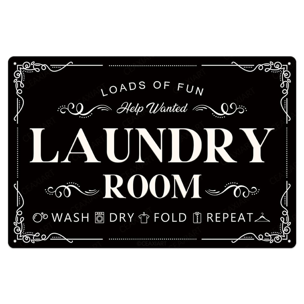 Laundry Room Tin Signs Loads of Fun Retro Laundry Metal Signs Wall Decor Laundry Rules Hanging Plaque Printed Accessories Decorations for Home (12 x 8 Inches, White)
