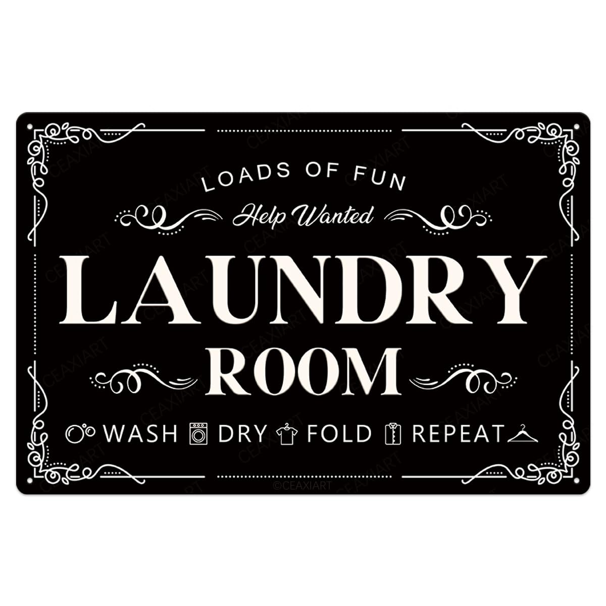 Laundry Room Tin Signs Loads of Fun Retro Laundry Metal Signs Wall Decor Laundry Rules Hanging Plaque Printed Accessories Decorations for Home (12 x 8 Inches, White)