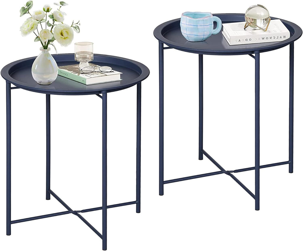 VECELO Side/End Table, Folding Round Metal Anti-Rust and Waterproof Outdoor or Indoor Tray for Living Room Bedroom Balcony and Office, 2 PCS, Dark Green