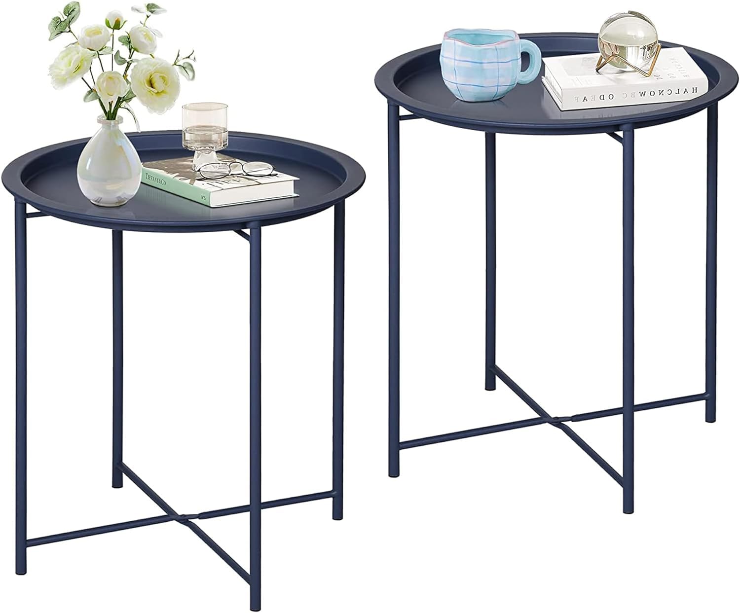 VECELO Side/End Table, Folding Round Metal Anti-Rust and Waterproof Outdoor or Indoor Tray for Living Room Bedroom Balcony and Office, 2 PCS, Dark Green