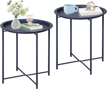 VECELO Side/End Table, Folding Round Metal Anti-Rust and Waterproof Outdoor or Indoor Tray for Living Room Bedroom Balcony and Office, 2 PCS, Dark Green