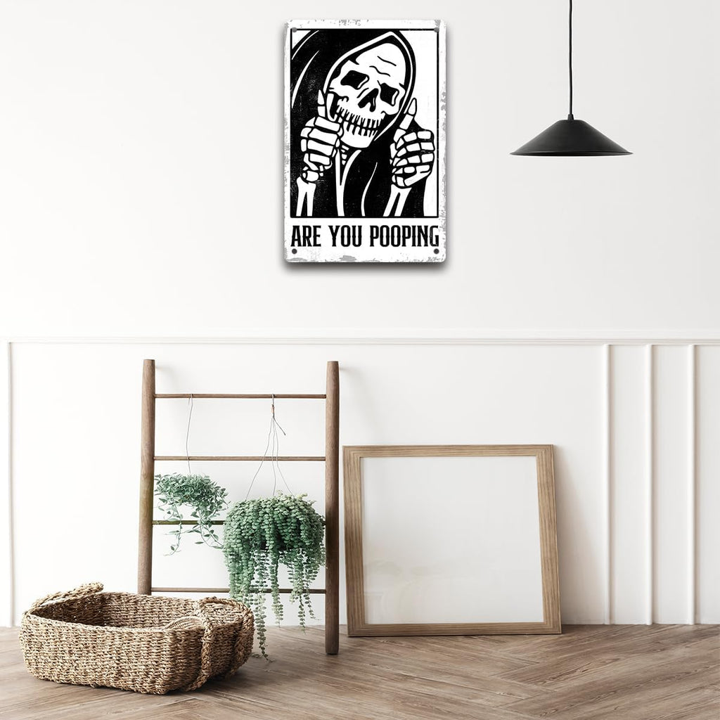 BEASTZHENG Funny Gothic Bathroom Home Decor Metal Tin Sign: Funny "Are You Pooping?" Bathroom Wall Art Decor Sign for Skull Lovers 8 X 12 Inches