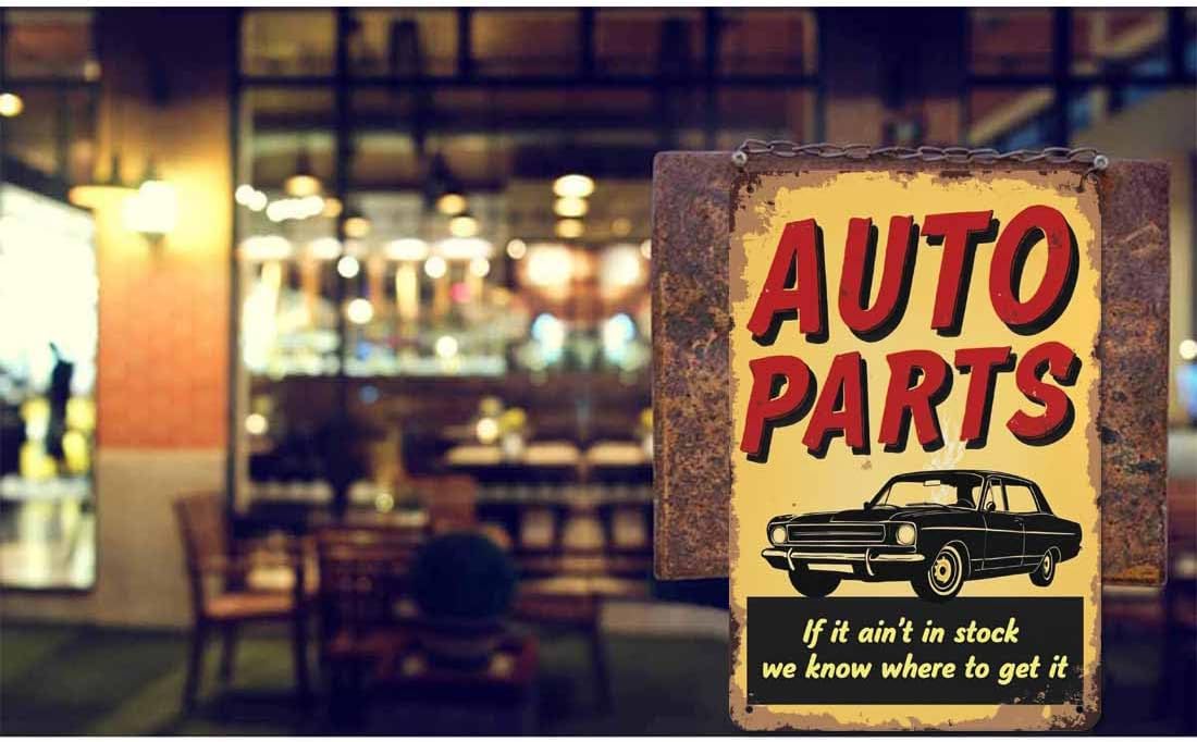 AOYEGO Auto Parts Tin Sign,Car and Lettering On Yellow Background Vintage Metal Tin Signs for Cafes Bars Pubs Shop Wall Decorative Funny Retro Signs for Men Women 8x12 Inch