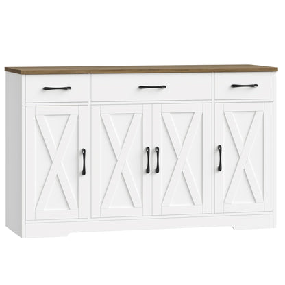HOSTACK Buffet Cabinet with Drawers, 55" Large Sideboard Buffet Storage Cabinet with Shelves and Doors, Modern Farmhouse Coffee Bar Station Wood Kitchen Table for Kitchen, Dining Room, White/Rustic