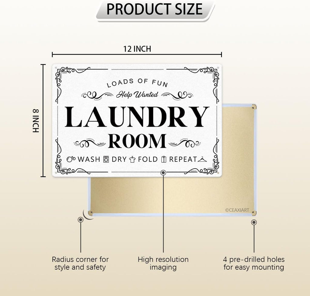 Laundry Room Tin Signs Loads of Fun Retro Laundry Metal Signs Wall Decor Laundry Rules Hanging Plaque Printed Accessories Decorations for Home (12 x 8 Inches, White)