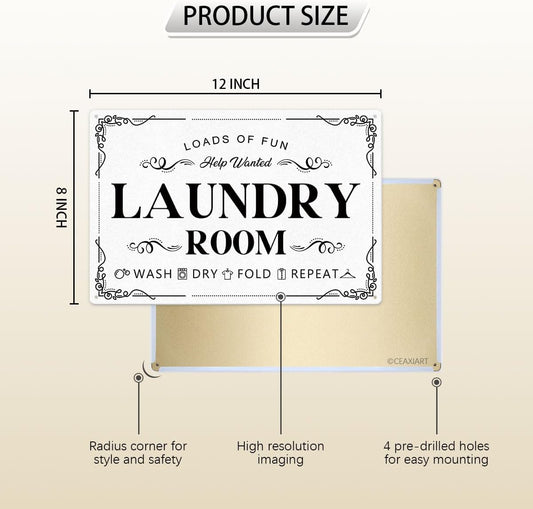 Laundry Room Tin Signs Loads of Fun Retro Laundry Metal Signs Wall Decor Laundry Rules Hanging Plaque Printed Accessories Decorations for Home (12 x 8 Inches, White)