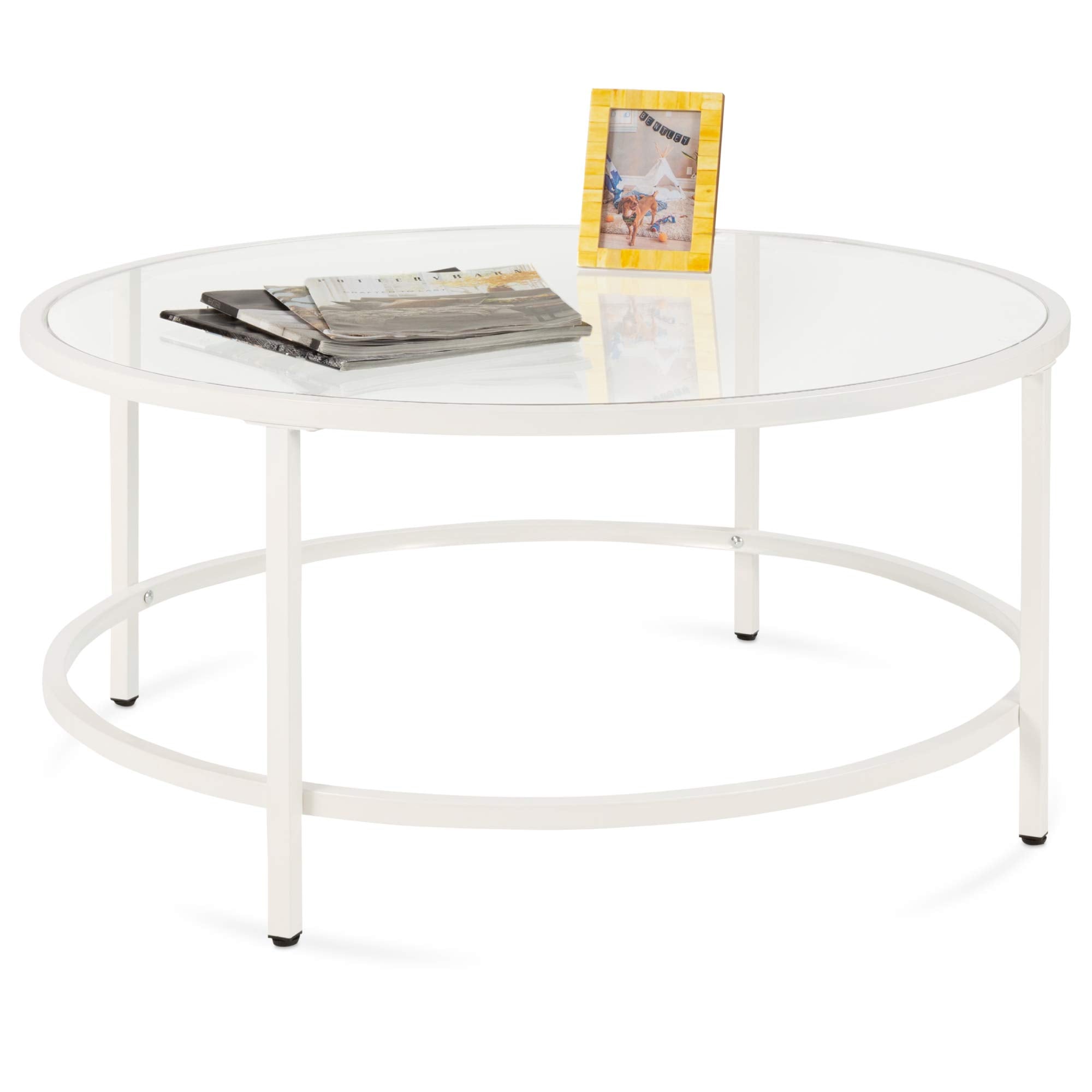 Best Choice Products 36in Modern Round Tempered Glass Accent Side Coffee Table for Living Room, Dining Room, Tea, Home Décor w/Metal Frame, Non-Marring Foot Caps - Gray