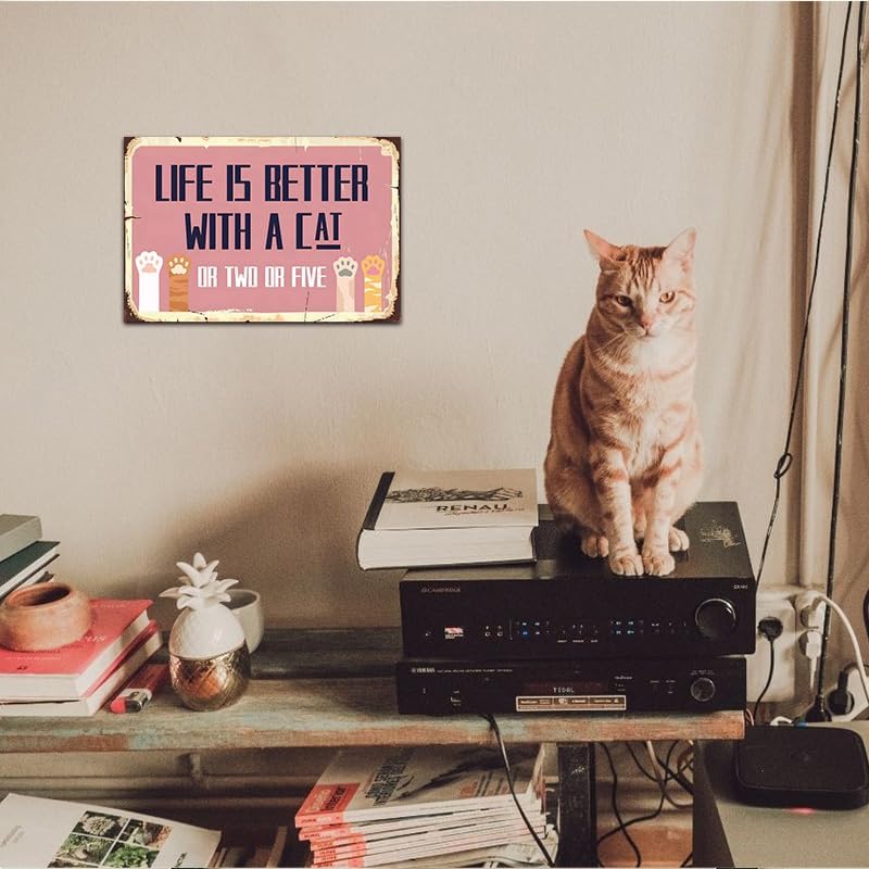Vintage Cat Signs - Life Is Better With A Cat Or Two Or Five Sign, Funny Metal Tin Sign for Home, Girls Room, Patio, Garden, Catio, Bedroom Wall Decor Art, Cat Lover Gifts, 12 x 8 inch