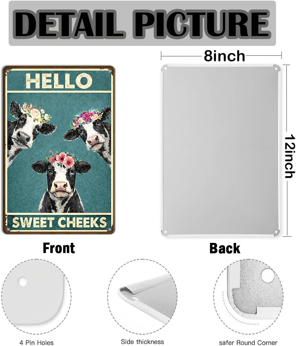 Bathroom Wall Decor Metal Tin Sign – Hello Sweet Cheeks Funny Cow Wall Art, Farmhouse Restroom Decor 12x8 Inch