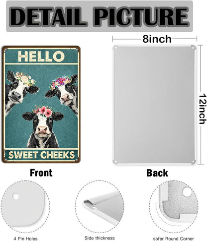Bathroom Wall Decor Metal Tin Sign – Hello Sweet Cheeks Funny Cow Wall Art, Farmhouse Restroom Decor 12x8 Inch