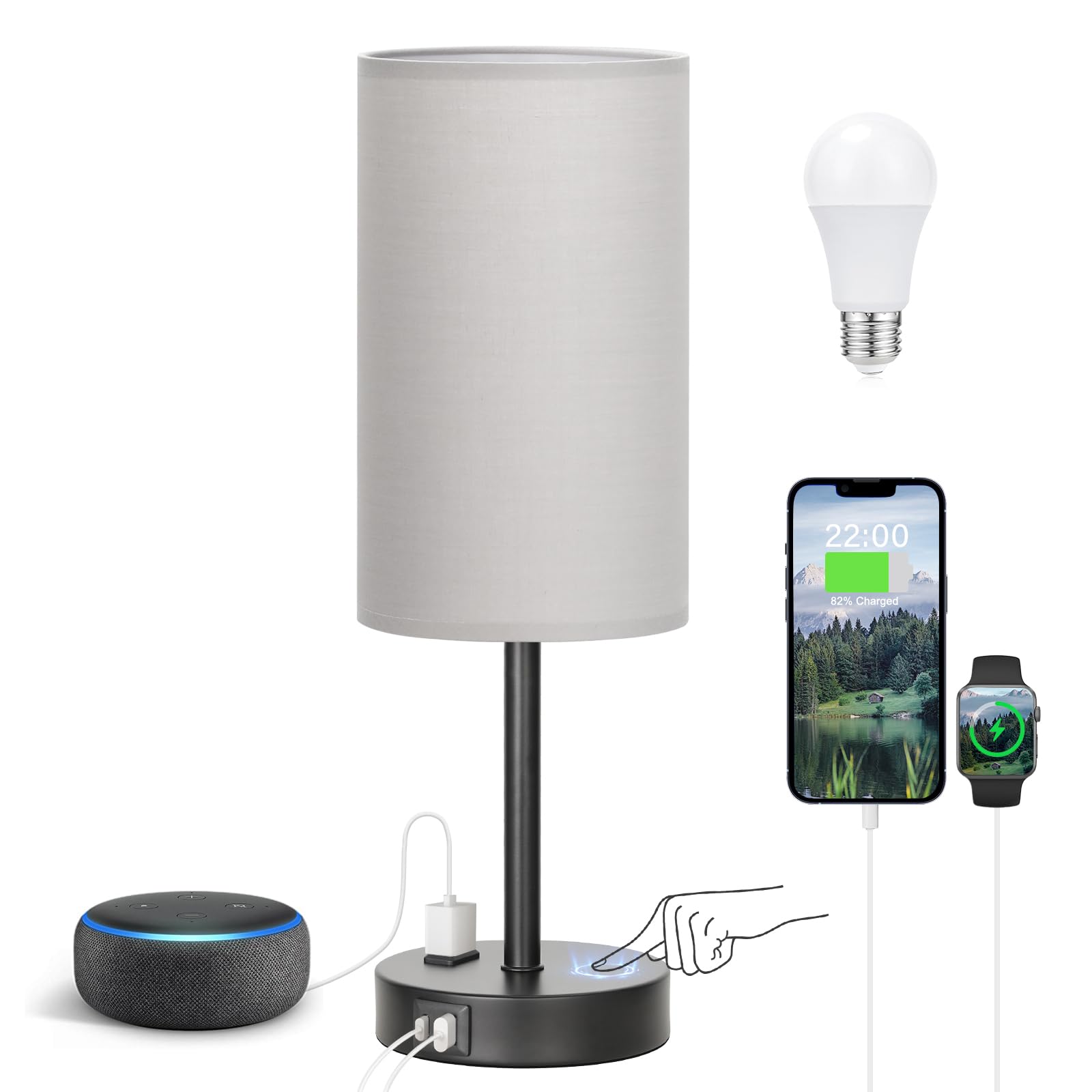 Fenmzee Bedside Table Lamp for Bedroom - 3 Way Dimmable Touch Lamp USB C Charging Ports and AC Outlet, Small Lamp Wood Base Round Flaxen Fabric Shade for Living Room, Desk, LED Bulb Included