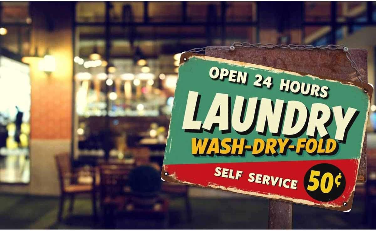AOYEGO Laundry Tin Sign,Self Service Wash Dry Fold Vintage Metal Tin Signs for Cafes Bars Pubs Shop Wall Decorative Funny Retro Signs for Men Women 8x12 Inch