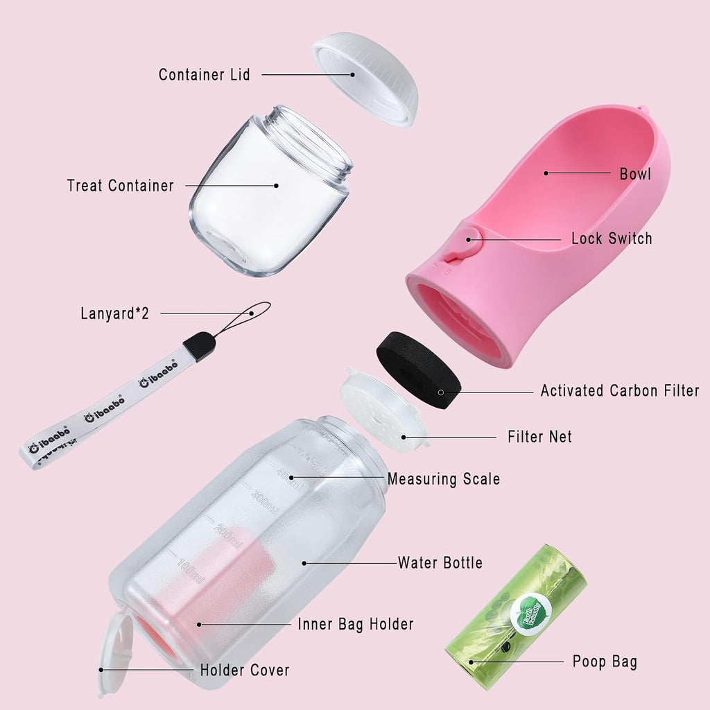 Cibaabo Dog Water Bottle with Food Container & Poop Bag Holder, Travel Water Bowl, Portable Pet Dispenser, Girl Dog Accessories Stuff Items Essentials Gift for Yorkie Chihuahua Walking Hiking