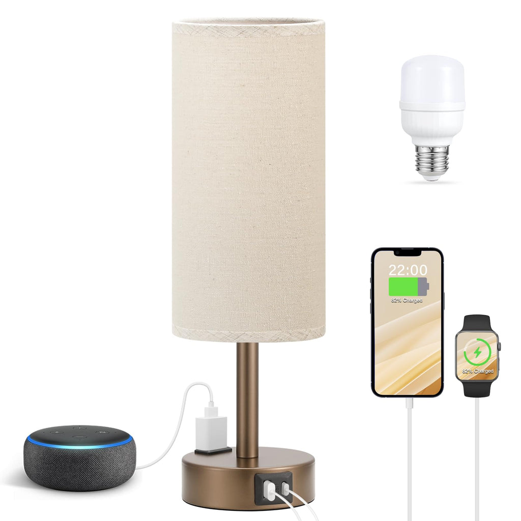Fenmzee Bedside Table Lamp for Bedroom - 3 Way Dimmable Touch Lamp USB C Charging Ports and AC Outlet, Small Lamp Wood Base Round Flaxen Fabric Shade for Living Room, Desk, LED Bulb Included