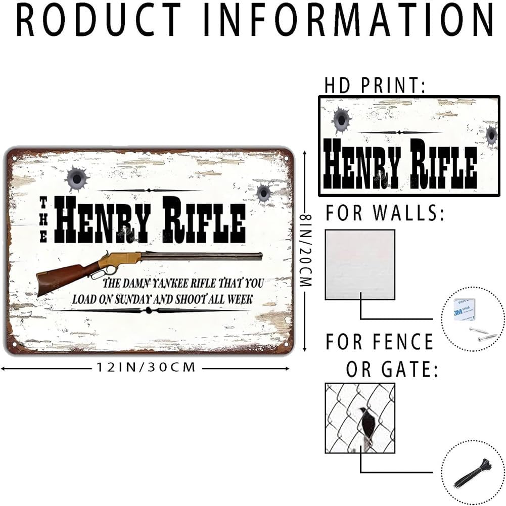 The Henry Rifle Vintage Metal Tin Sign Hunting Wall Decor Antique Tin Signs Guns Metal Signs Metal Plaque for Home Club Cafe Office Garden Man Cave Decor 8x12 inch