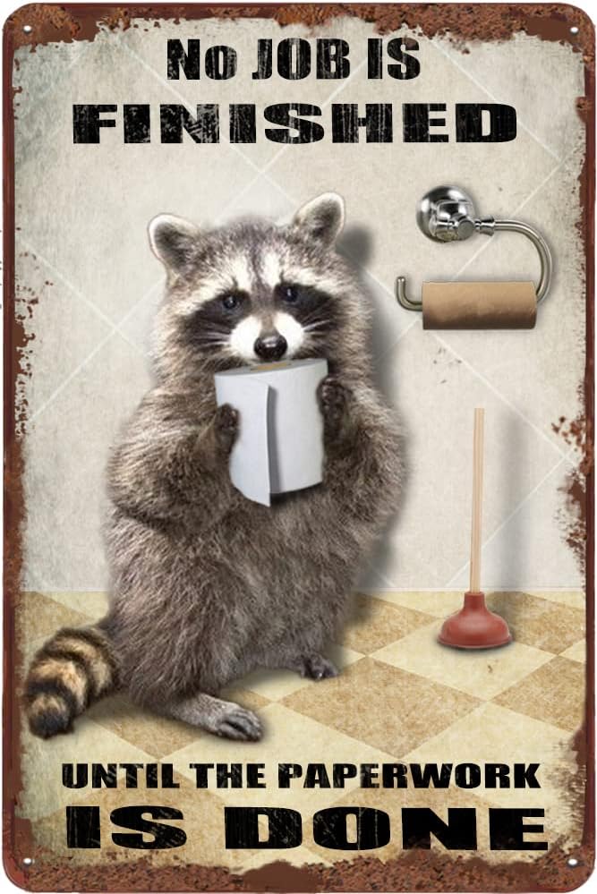 Vintage Tin Sign - Raccoon Bathroom Wall Decor - Rustic Metal Sign - 12x8 Inch - Funny Animal Sign for Home, Bathroom, Pub, Gift