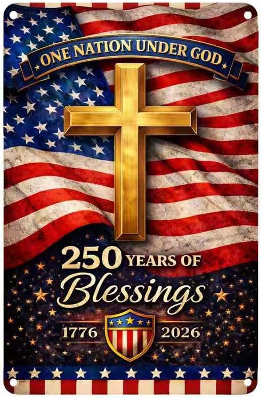 America 250th Anniversary Tin Sign, 4th of July Patriotic Decor,250 Years of Blessings Vintage Metal Sign Patriotic Cross Design, 1776–2026 Commemorative Wall Decoration for Home, Bedroom, Patio, Yard, 8 x 12 Inch