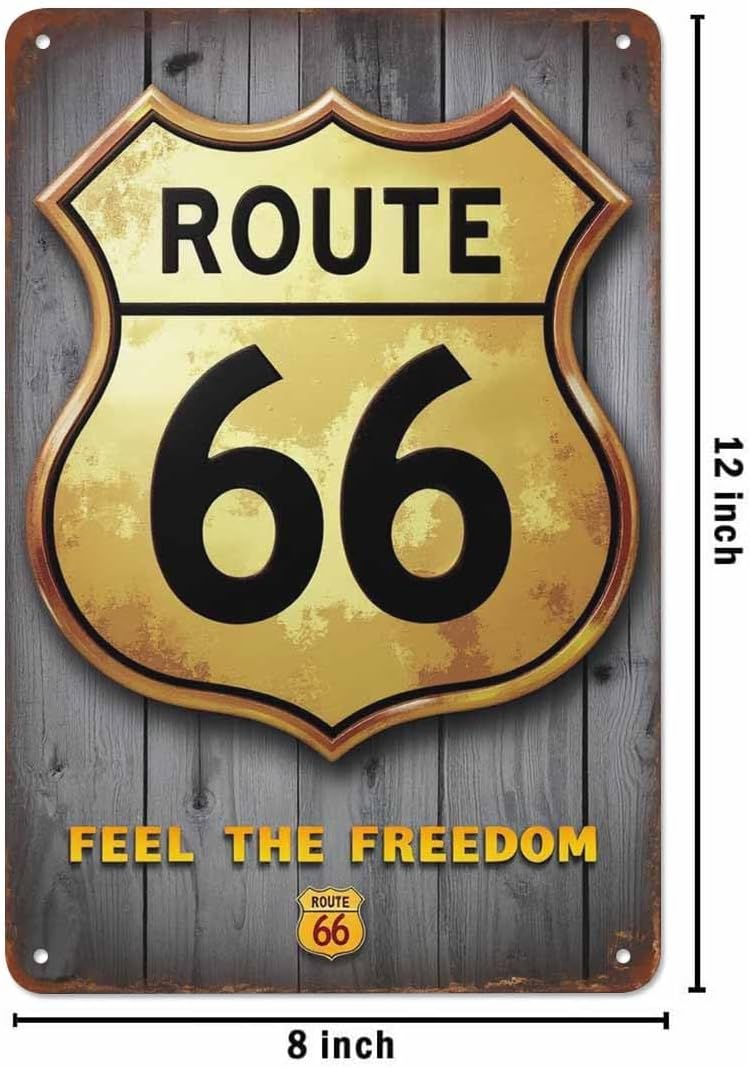 AOYEGO Route 66 Tin Sign,Gold Plaque On The Retro Wooden with Letter Vintage Metal Tin Signs for Cafes Bars Pubs Shop Wall Decorative Funny Retro Signs for Men Women 8x12 Inch