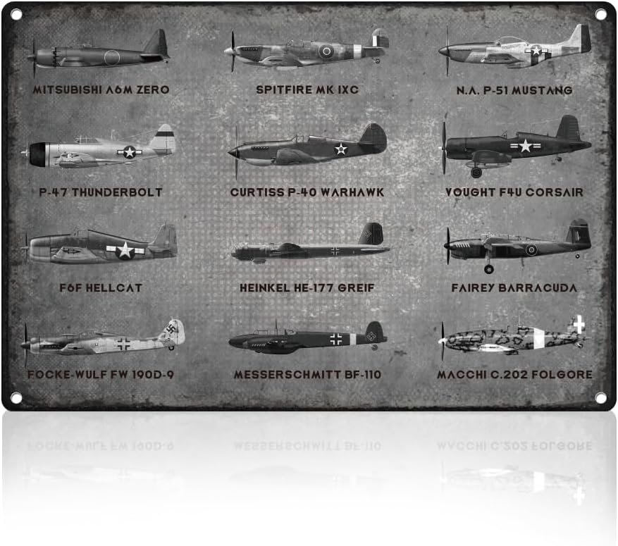 WWII Fighter Planes Metal Tin Sign Wall Decor Airplane Aviation Enthusiast Military Fan Gift for Men Vintage Poster for Home Room Man Cave Bar Wall Decor 8 x 12 Inch