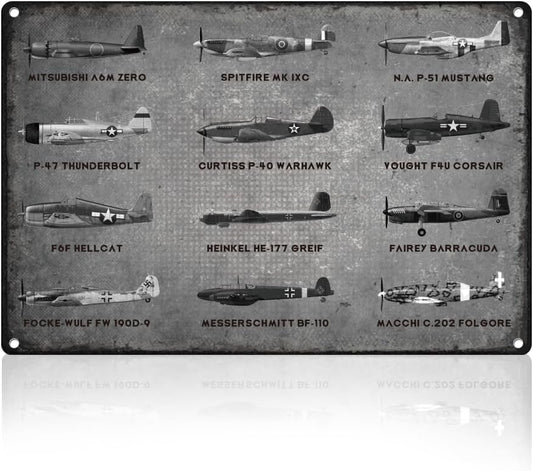 WWII Fighter Planes Metal Tin Sign Wall Decor Airplane Aviation Enthusiast Military Fan Gift for Men Vintage Poster for Home Room Man Cave Bar Wall Decor 8 x 12 Inch