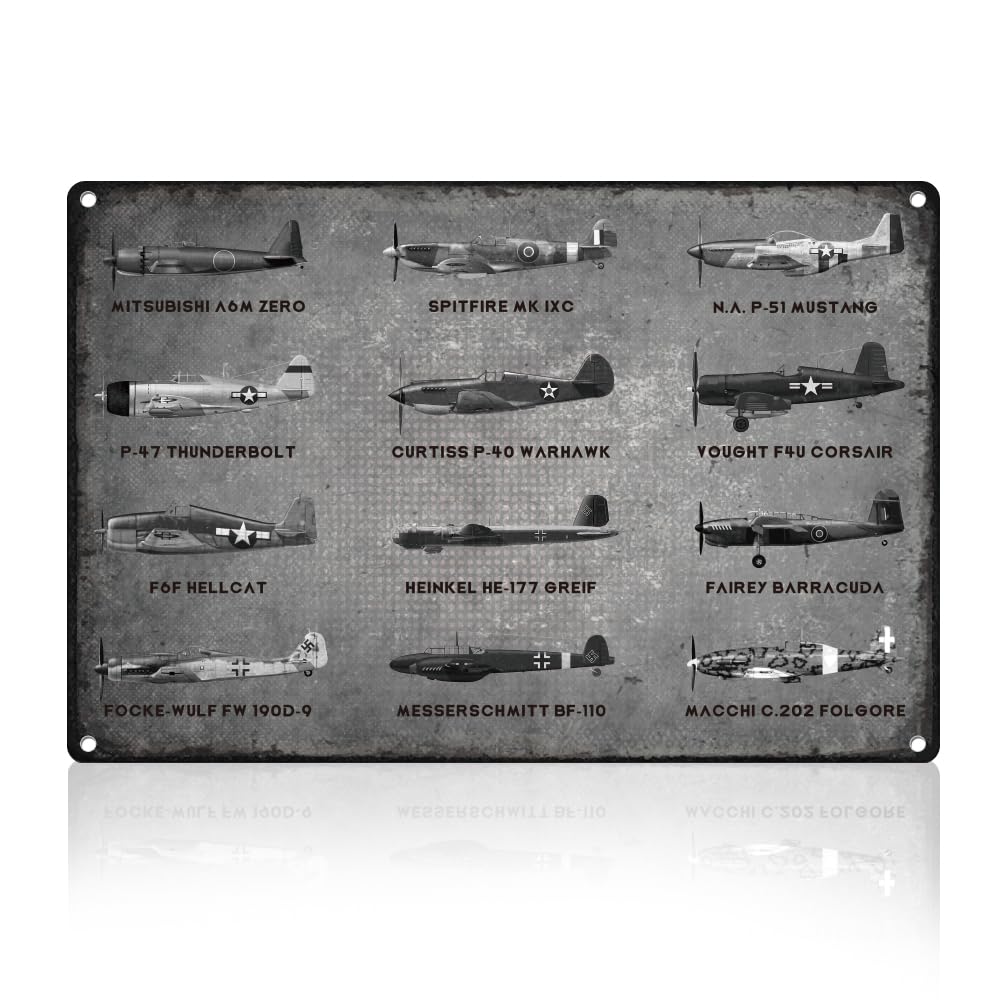 WWII Fighter Planes Metal Tin Sign Wall Decor Airplane Aviation Enthusiast Military Fan Gift for Men Vintage Poster for Home Room Man Cave Bar Wall Decor 8 x 12 Inch