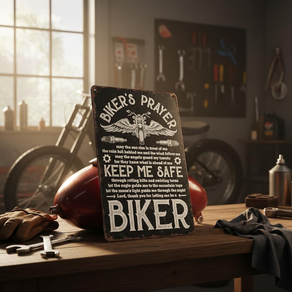 Vintage Biker's Prayer Metal Tin Sign, Rustic Wall Plaque, Black, 8x12 Inch, Home, Bar, and Garage Decor