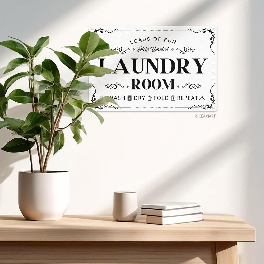 Laundry Room Tin Signs Loads of Fun Retro Laundry Metal Signs Wall Decor Laundry Rules Hanging Plaque Printed Accessories Decorations for Home (12 x 8 Inches, White)