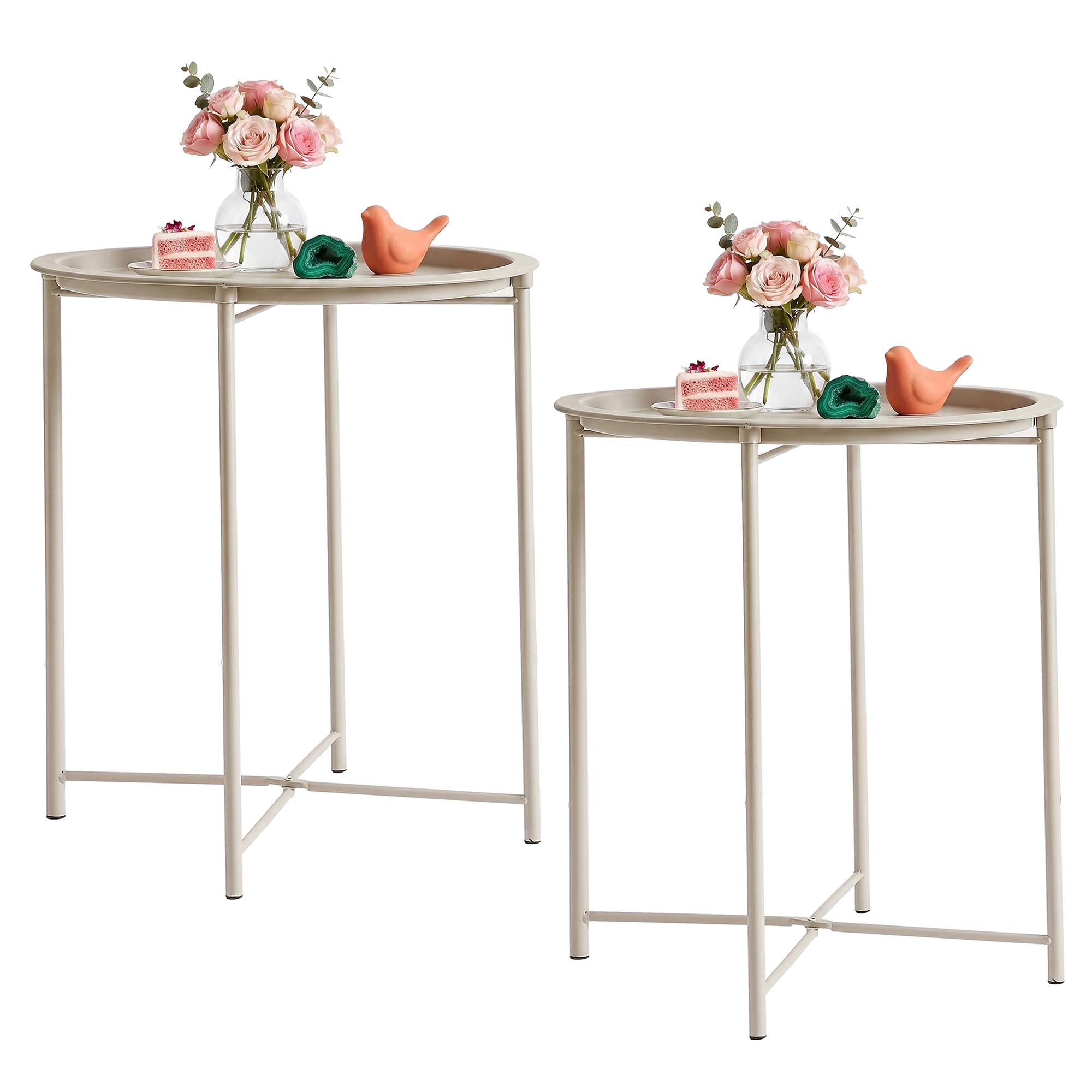 VECELO Side/End Table, Folding Round Metal Anti-Rust and Waterproof Outdoor or Indoor Tray for Living Room Bedroom Balcony and Office, 2 PCS, Dark Green