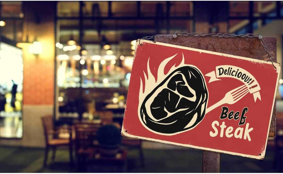 AOYEGO Steak Tin Sign,Beef Meat Delicious Fire Hot Fork Block Protein Food Restaurant Vintage Metal Tin Signs for Cafes Bars Pubs Shop Wall Decorative Funny Retro Signs for Men Women 8x12 Inch