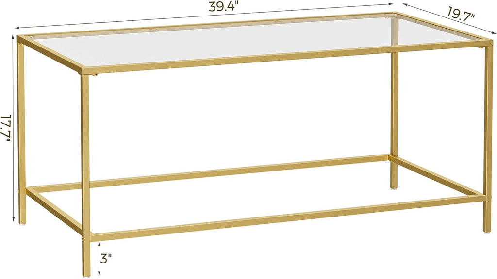 Homleke Glass Coffee Table, Modern Rectangular Coffee Table for Living Room, Minimalist Center Tea Table with Sturdy Metal Frame for Apartment, Office, Easy Assembly, 39.4 x 19.7 x 17.7 Inches, Golden