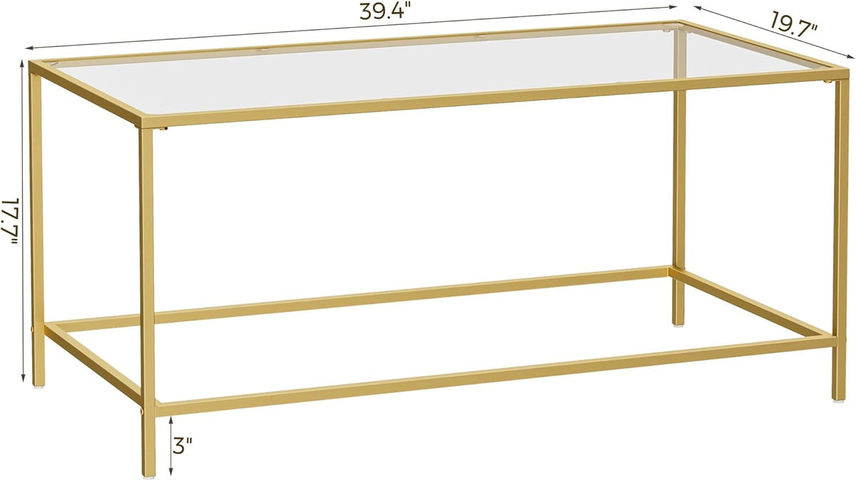 Homleke Glass Coffee Table, Modern Rectangular Coffee Table for Living Room, Minimalist Center Tea Table with Sturdy Metal Frame for Apartment, Office, Easy Assembly, 39.4 x 19.7 x 17.7 Inches, Golden